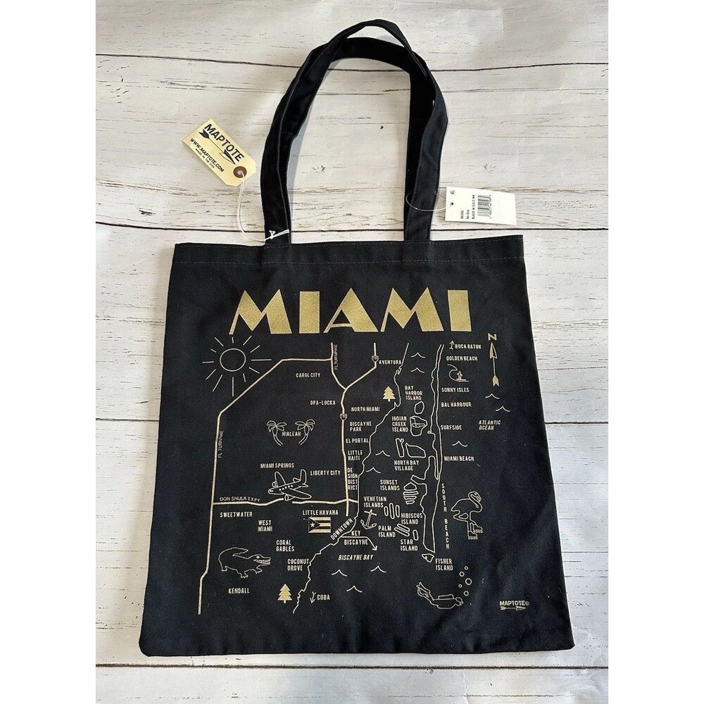 Maptote Miami Black Gold Florida City Map Canvas Tote Book Bag Made in USA NEW